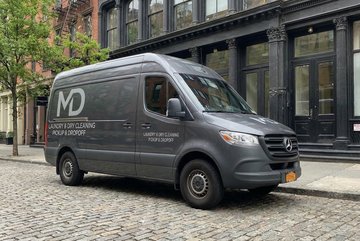 MD Cleaners pickup and delivery van serving NYC and the Tri-State area