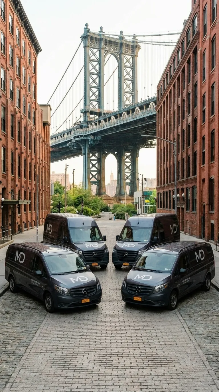 Four MD Cleaners pickup and delivery vans parked beneath the Manhattan Bridge in DUMBO, Brooklyn